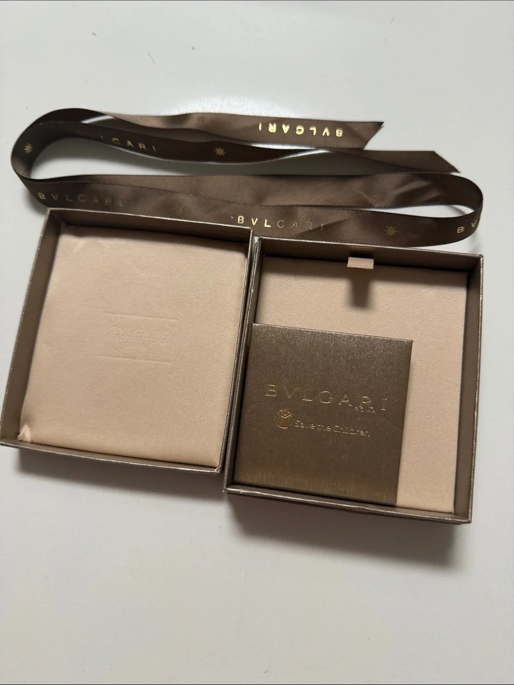 BVLGARI Rose Gold Jewelry Box with Ribbon/ save the children card and envelope